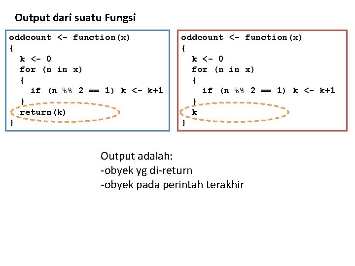 Output dari suatu Fungsi oddcount <- function(x) { k <- 0 for (n in