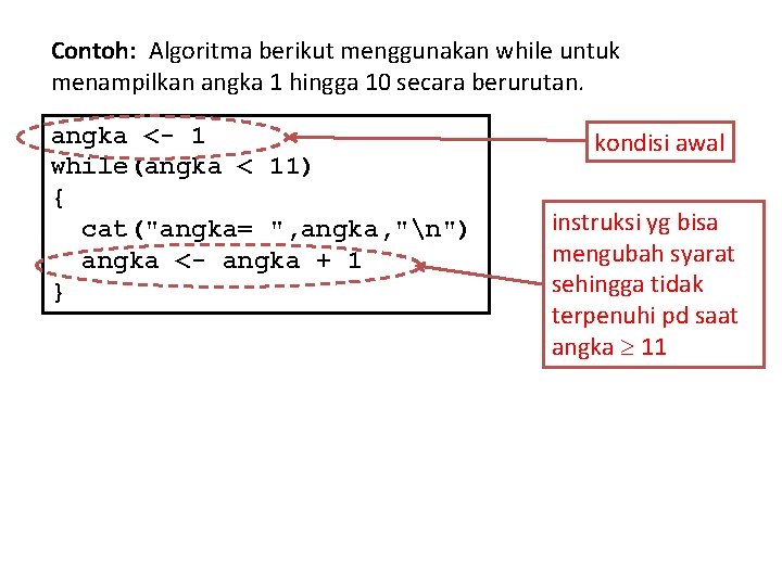 Contoh: Algoritma berikut menggunakan while untuk menampilkan angka 1 hingga 10 secara berurutan. angka