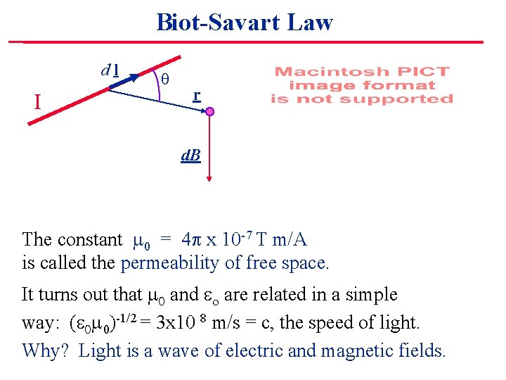 Biot-Savart Law dl I q r d. B The constant m 0 = 4