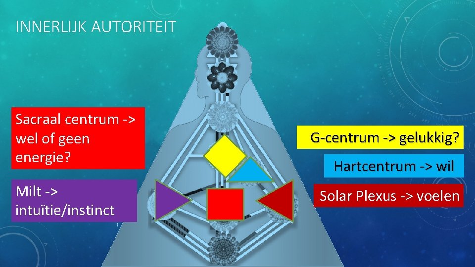 INNERLIJK AUTORITEIT Sacraal centrum -> wel of geen energie? Milt -> intuïtie/instinct G-centrum ->