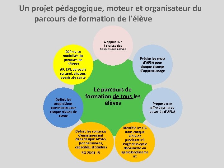 Un projet pédagogique, moteur et organisateur du parcours de formation de l’élève Définit les