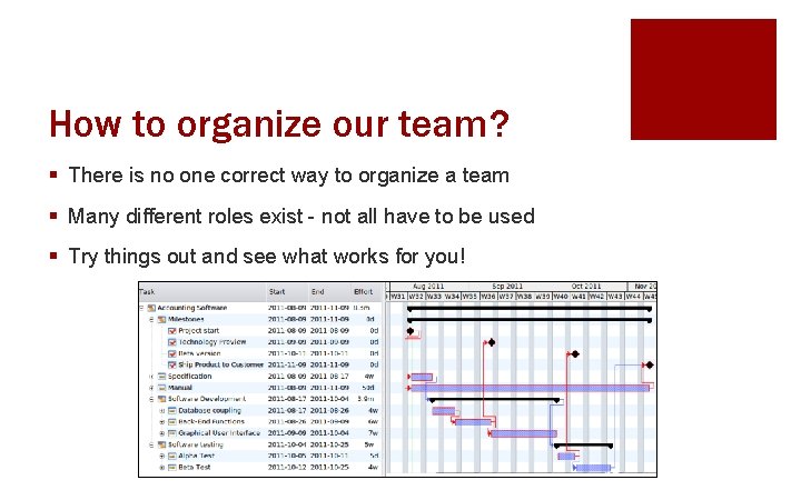 How to organize our team? § There is no one correct way to organize