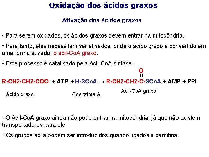 Oxidação dos ácidos graxos Ativação dos ácidos graxos • Para serem oxidados, os ácidos