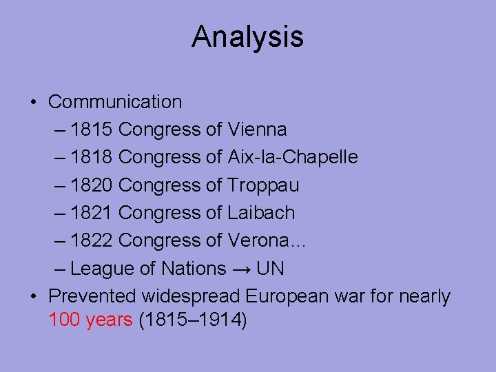 Analysis • Communication – 1815 Congress of Vienna – 1818 Congress of Aix-la-Chapelle –