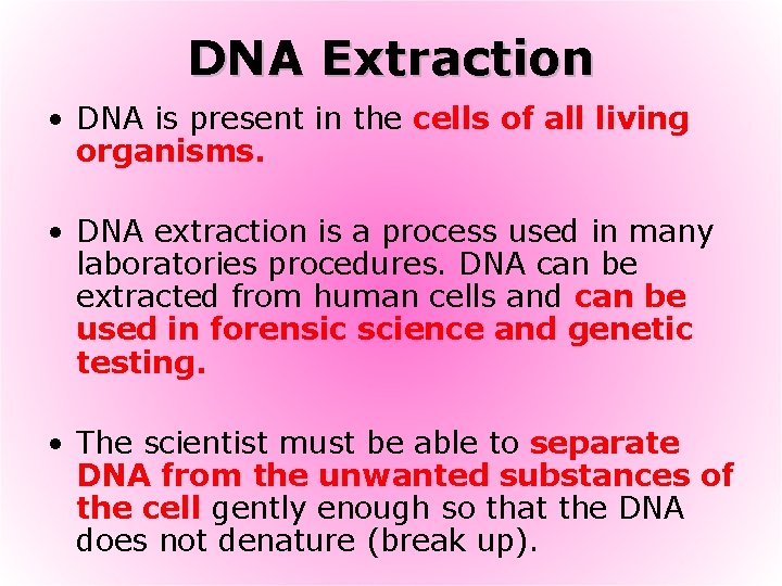 DNA Extraction • DNA is present in the cells of all living organisms. •