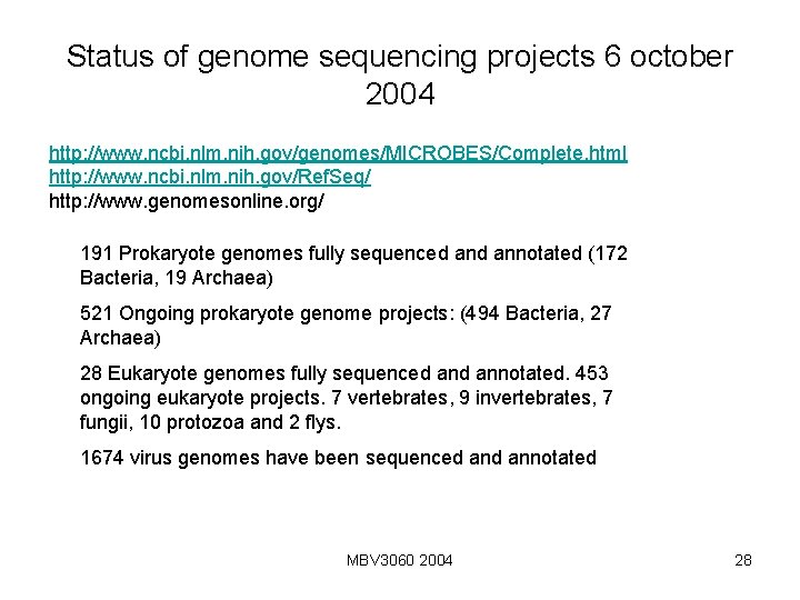 Status of genome sequencing projects 6 october 2004 http: //www. ncbi. nlm. nih. gov/genomes/MICROBES/Complete.