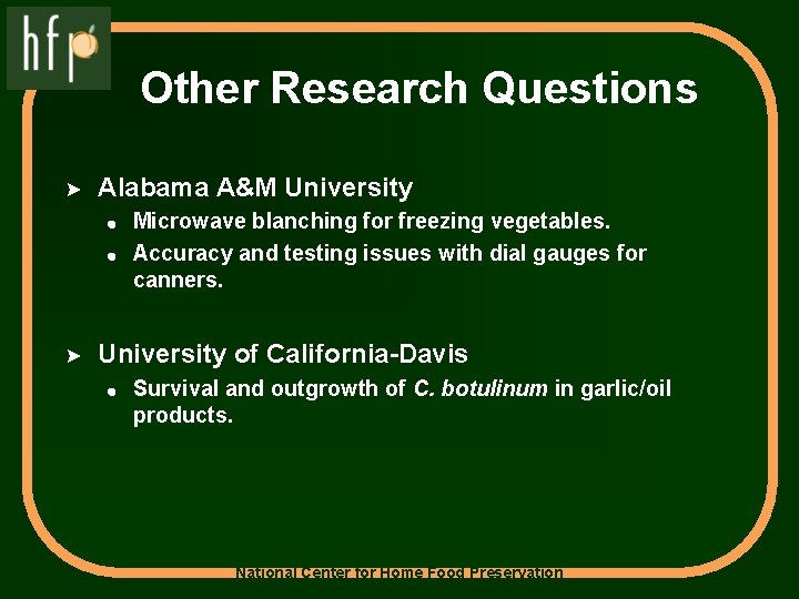 Other Research Questions > Alabama A&M University ! Microwave blanching for freezing vegetables. !