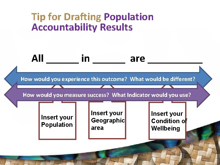 Tip for Drafting Population Accountability Results All ______ in ______ are _____ How would