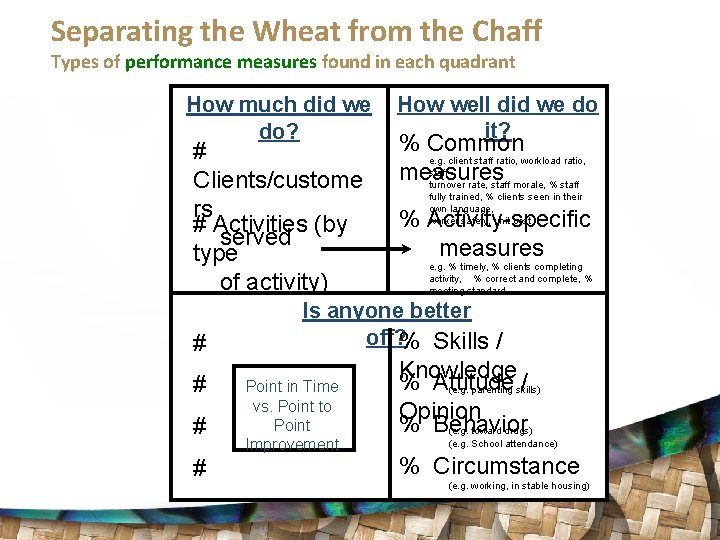 Separating the Wheat from the Chaff Types of performance measures found in each quadrant