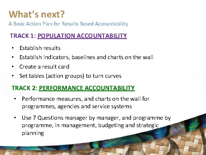 What’s next? A Basic Action Plan for Results Based Accountability TRACK 1: POPULATION ACCOUNTABILITY