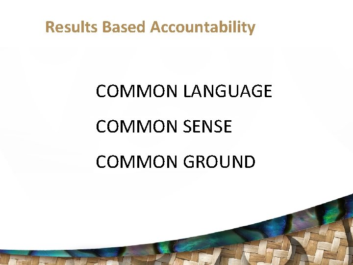 Results Based Accountability COMMON LANGUAGE COMMON SENSE COMMON GROUND 
