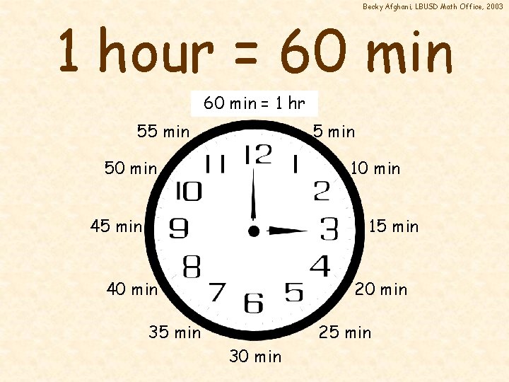 Becky Afghani, LBUSD Math Office, 2003 1 hour = 60 min = 1 hr