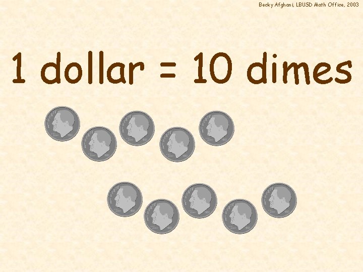 Becky Afghani, LBUSD Math Office, 2003 1 dollar = 10 dimes 