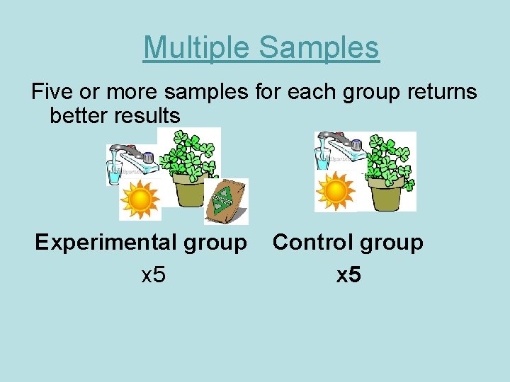 Multiple Samples Five or more samples for each group returns better results Experimental group