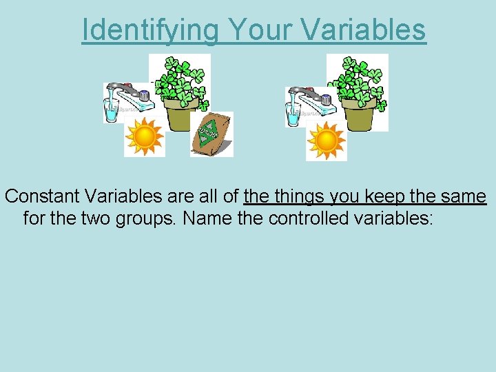 Identifying Your Variables Constant Variables are all of the things you keep the same