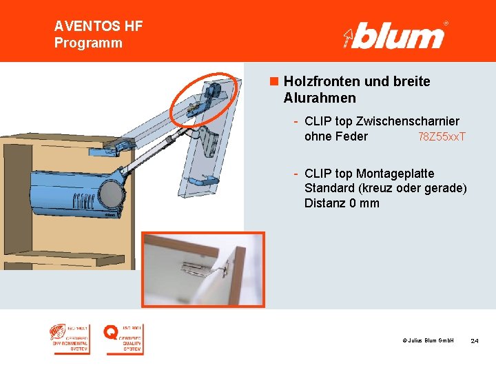 AVENTOS HF Programm n Holzfronten und breite Alurahmen - CLIP top Zwischenscharnier ohne Feder