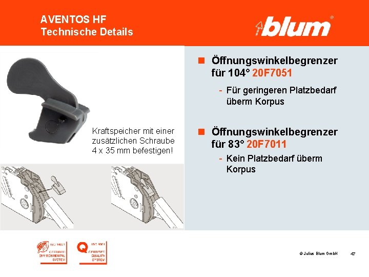 AVENTOS HF Technische Details n Öffnungswinkelbegrenzer für 104° 20 F 7051 - Für geringeren