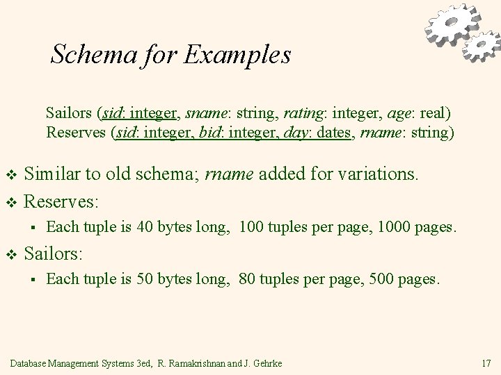 Schema for Examples Sailors (sid: integer, sname: string, rating: integer, age: real) Reserves (sid: Schema for Examples Sailors (sid: integer, sname: string, rating: integer, age: real) Reserves (sid: