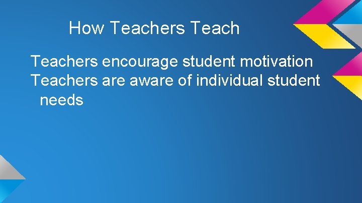 How Teachers encourage student motivation Teachers are aware of individual student needs 