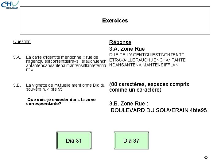Exercices Réponse 3. A. Zone Rue Question RUE DE L’AGENTQUIESTCONTENTD 3. A. La carte