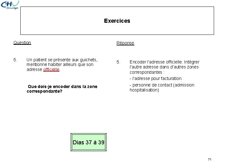 Exercices Question Réponse 5. Un patient se présente aux guichets, mentionne habiter ailleurs que