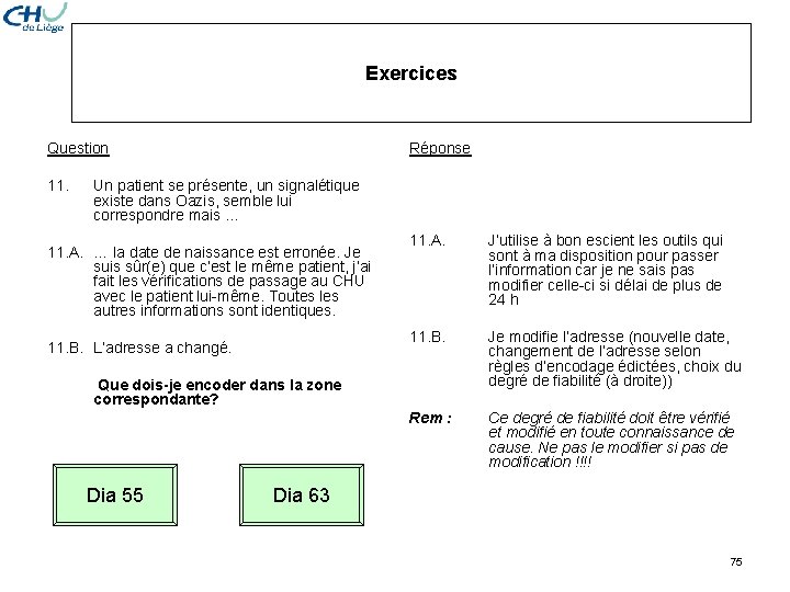 Exercices Question 11. Réponse Un patient se présente, un signalétique existe dans Oazis, semble