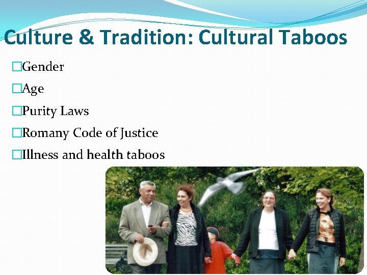 Culture & Tradition: Cultural Taboos �Gender �Age �Purity Laws �Romany Code of Justice �Illness
