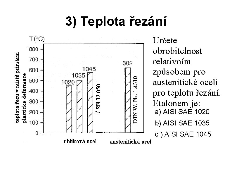 3) Teplota řezání Určete obrobitelnost relativním způsobem pro austenitické oceli pro teplotu řezání. Etalonem