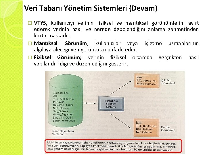 Veri Tabanı Yönetim Sistemleri (Devam) VTYS, kullanıcıyı verinin fiziksel ve mantıksal görünümlerini ayırt ederek