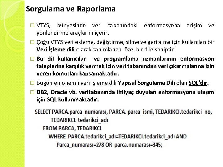 Sorgulama ve Raporlama VTYS, bünyesinde veri tabanındaki enformasyona erişim ve yönlendirme araçlarını içerir. �