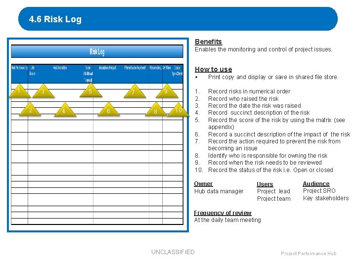 4. 6 Risk Log Benefits Enables the monitoring and control of project issues. How