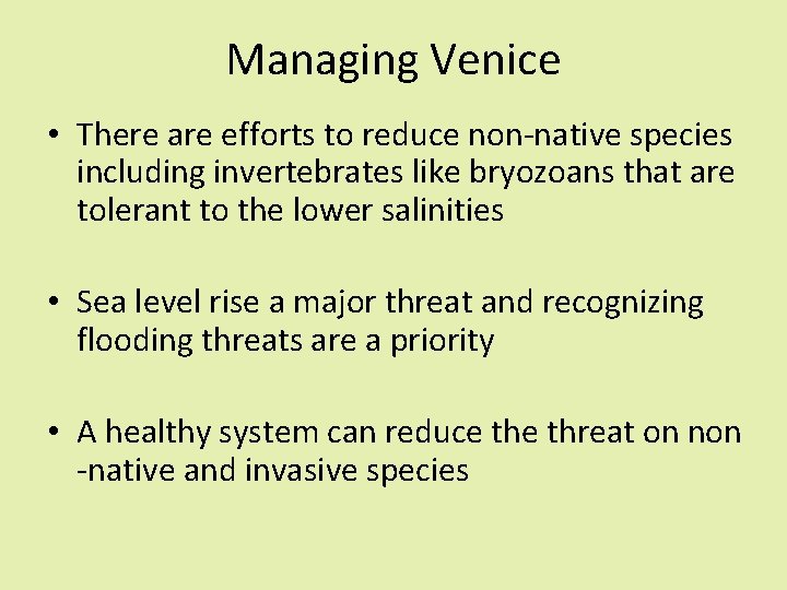 Managing Venice • There are efforts to reduce non-native species including invertebrates like bryozoans