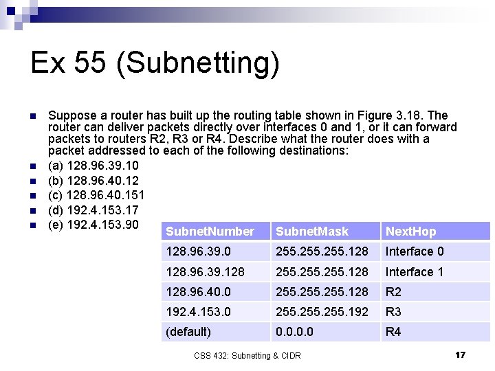 Ex 55 (Subnetting) n n n Suppose a router has built up the routing