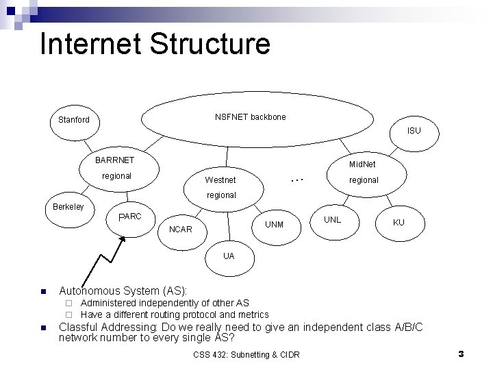 Internet Structure NSFNET backbone Stanford ISU BARRNET regional Mid. Net … Westnet regional Berkeley