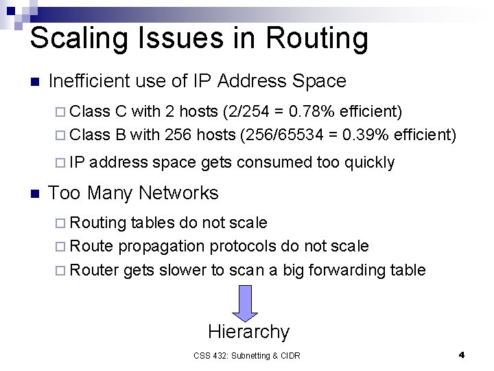Scaling Issues in Routing n Inefficient use of IP Address Space ¨ Class C