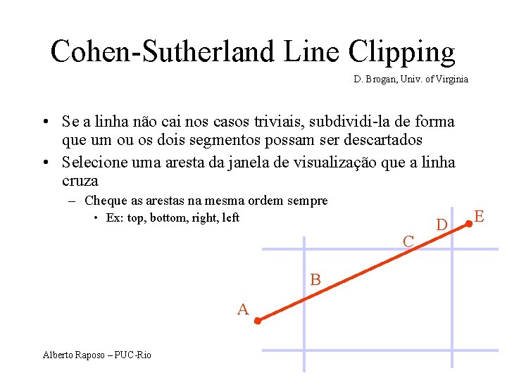 Cohen-Sutherland Line Clipping D. Brogan, Univ. of Virginia • Se a linha não cai