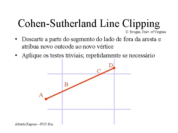 Cohen-Sutherland Line Clipping D. Brogan, Univ. of Virginia • Descarte a parte do segmento