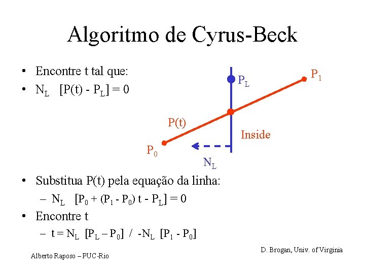 Algoritmo de Cyrus-Beck • Encontre t tal que: • NL [P(t) - PL] =