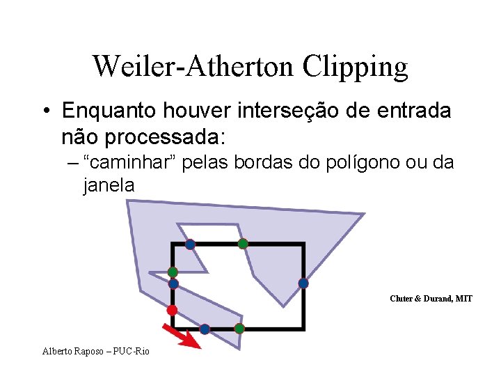 Weiler-Atherton Clipping • Enquanto houver interseção de entrada não processada: – “caminhar” pelas bordas