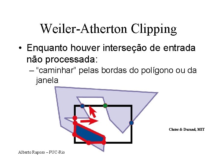 Weiler-Atherton Clipping • Enquanto houver interseção de entrada não processada: – “caminhar” pelas bordas