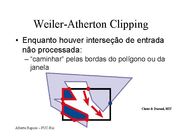 Weiler-Atherton Clipping • Enquanto houver interseção de entrada não processada: – “caminhar” pelas bordas