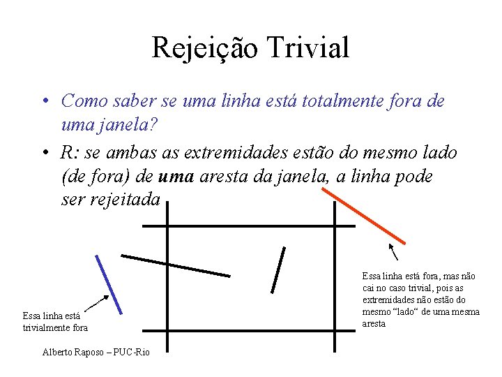 Rejeição Trivial • Como saber se uma linha está totalmente fora de uma janela?