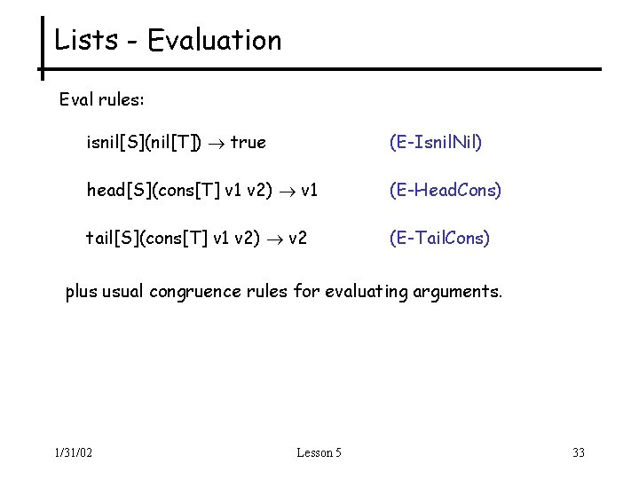 Lists - Evaluation Eval rules: isnil[S](nil[T]) true (E-Isnil. Nil) head[S](cons[T] v 1 v 2)