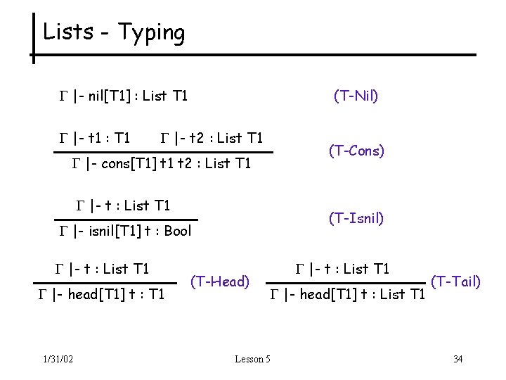 Lists - Typing |- nil[T 1] : List T 1 |- t 1 :