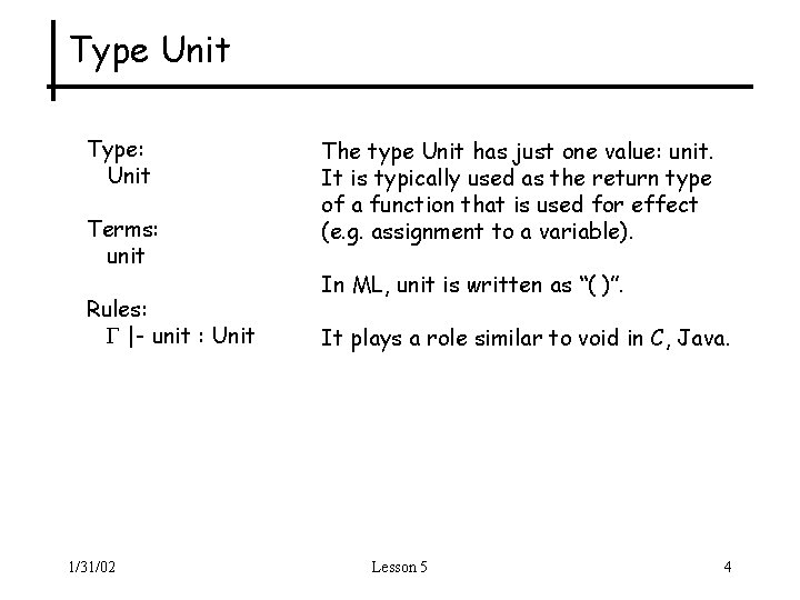 Type Unit Type: Unit Terms: unit Rules: |- unit : Unit 1/31/02 The type