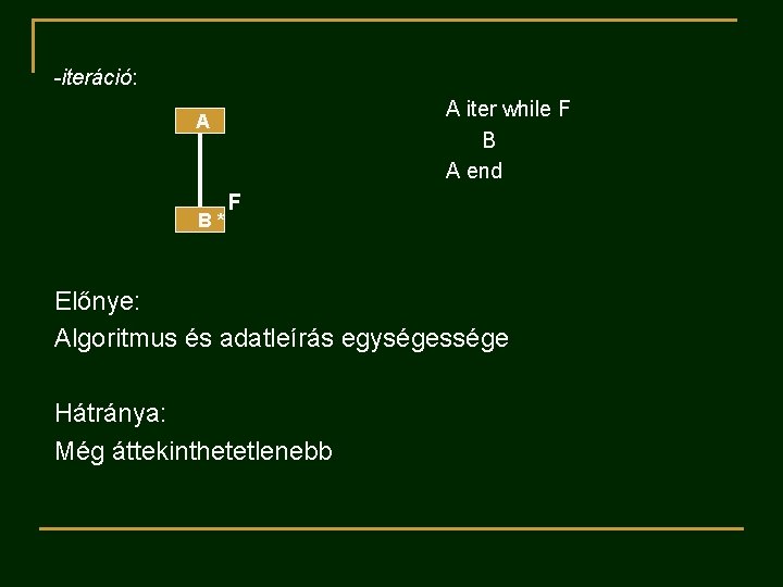 -iteráció: A iter while F B A end A B* F Előnye: Algoritmus és