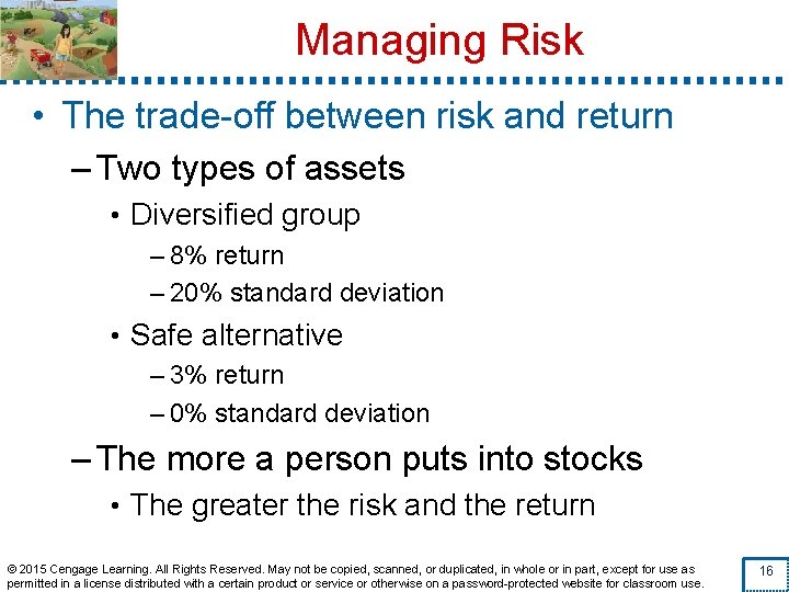 Managing Risk • The trade-off between risk and return – Two types of assets