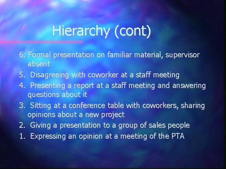 Hierarchy (cont) 6. Formal presentation on familiar material, supervisor absent 5. Disagreeing with coworker