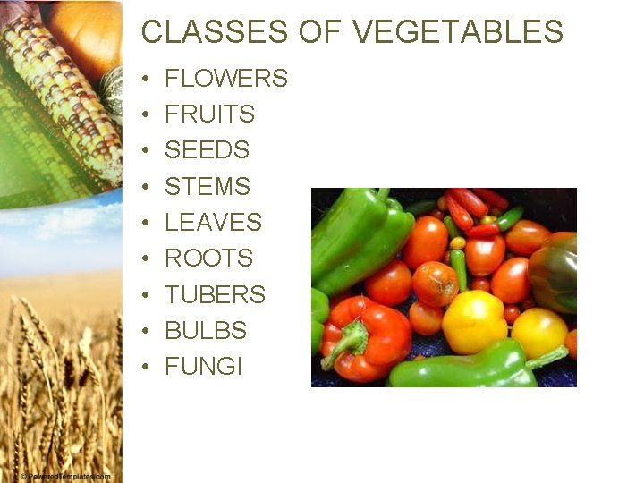 CLASSES OF VEGETABLES • • • FLOWERS FRUITS SEEDS STEMS LEAVES ROOTS TUBERS BULBS