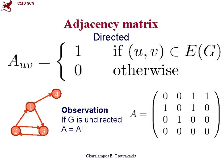 CMU SCS Adjacency matrix Directed 4 1 2 3 Observation If G is undirected,